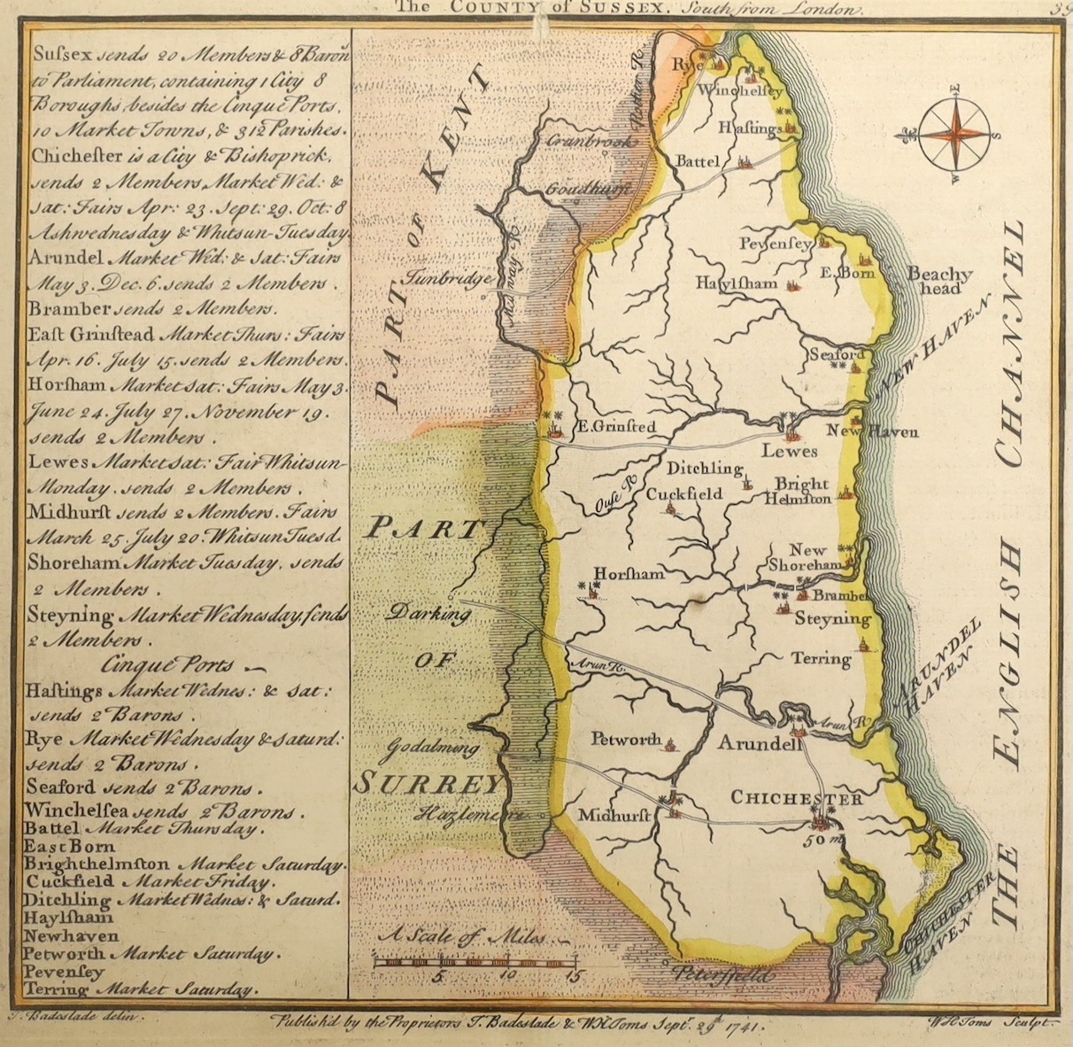 Toms after Badeslade, coloured engraving, Map of the County of Sussex 1741, 15 x 16cm